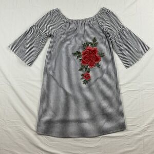 Potters‎ Pot Off Shoulder Striped Dress Floral Applique Boho Bell Sleeve M
